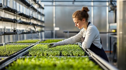 Microgreen. A European woman explores innovative farming techniques as she cultivates a variety of microgreens in a sleek, modern facility.