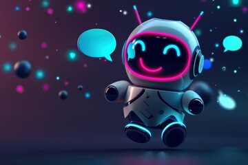 Fototapeta premium Friendly white chatbot robot with glowing neon face smiles in a dark digital space with floating speech bubbles representing AI communication.