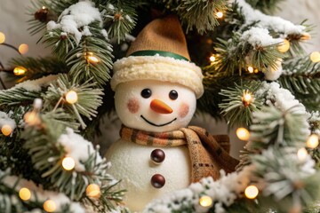 Obraz premium A snowman with a hat and scarf is sitting in a tree