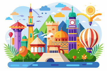 Colorful Cityscape with Architectural Landmarks and Hot Air Balloon