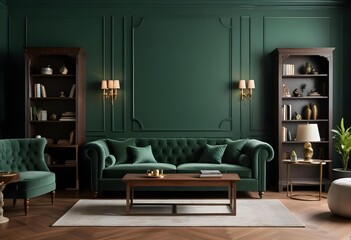 A luxurious green velvet tufted sofa in a cozy, elegant living room with dark green walls, wooden shelves, and wall sconces.