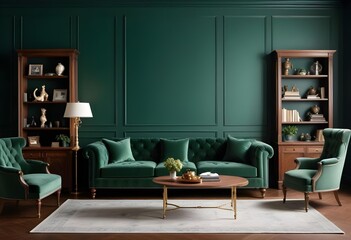 A luxurious green velvet tufted sofa in a cozy, elegant living room with dark green walls, wooden shelves, and wall sconces.