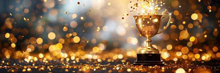 Golden trophy on a sparkling background with bokeh lights, symbolizing victory, achievement, and celebration.