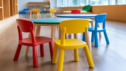 Colorful children's chairs and tables in an early childhood education center