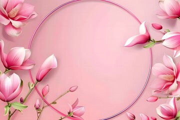 Pink magnolia flowers frame with pink background. Blank space for text, and copy-paste. The Template is ready to use