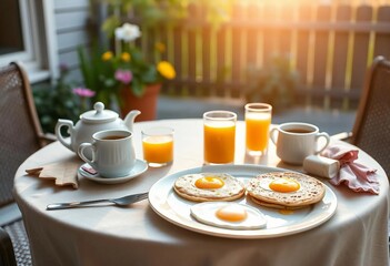  Breakfast table set in a garden on a sunny day.