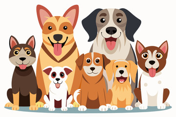 Obraz premium Seven Cartoon Dogs Sitting Together in a Row