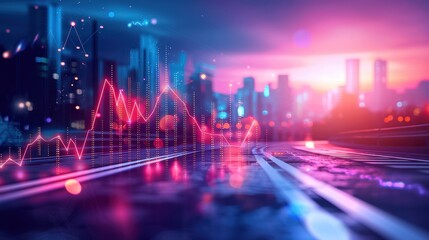 Digital cityscape with neon lights and futuristic graphs, symbolizing data analysis and modern technology against a skyline at twilight.