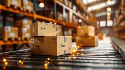 A stack of boxes on a conveyor belt in a warehouse