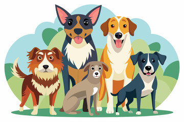 Five Cartoon Dogs Standing Together in a Green Meadow