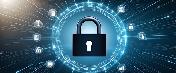 Lock Icon cyber security of digital data network protection. High speed connection data analysis. Technology data network conveying connectivity background concept.