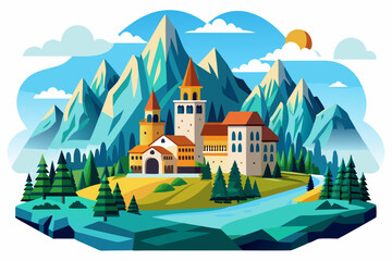 A picturesque castle nestled amongst towering mountains and a winding river.