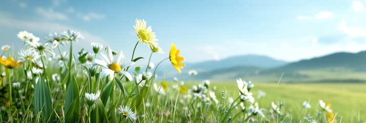 Fototapeta premium A serene landscape with wildflowers in a meadow under a clear blue sky, surrounded by rolling hills in the background.