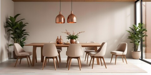 A modern dining room with a wooden table and beige upholstered chairs, accented by pendant lights with copper shades and a small potted plant.