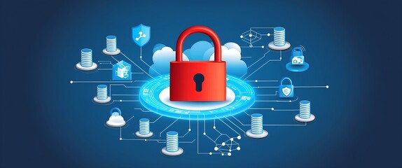 Fototapeta premium Lock Icon cyber security of digital data network protection. High speed connection data analysis. Technology data network conveying connectivity background concept.