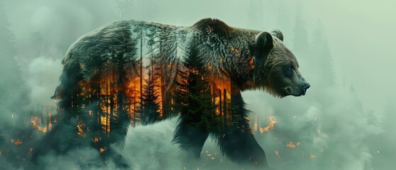 A surreal image of a bear with a double exposure effect merging the animal with a forest fire background, creating an evocative and powerful visual.