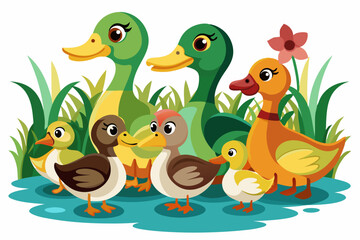 Fototapeta premium Cartoon Ducks in a Pond with Green Grass and a Flower