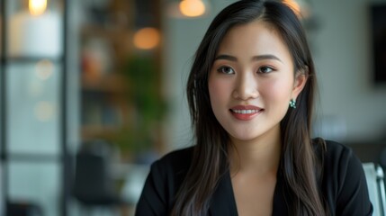 Naklejka premium Asian professional confidently answering questions in an interview.