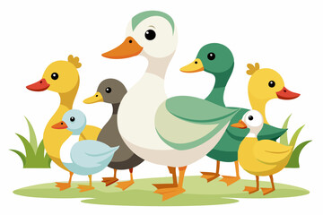 Fototapeta premium A Group of Cartoon Ducks Standing on Green Grass