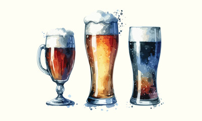 free drink, watercolor mugs of beer, alcohol drinks, hand drawn illustration, watercolor mugs of beer