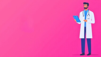 A doctor stands in a white coat, holding a clipboard, ready to assist patients with healthcare needs on a vibrant pink background.