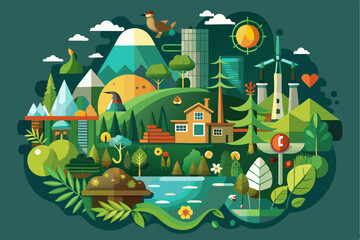 Fototapeta premium An Illustration of a Green and Lush Forest Landscape with a House and a Bird