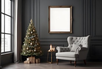 A decorated Christmas tree in a cozy living room with a gray tufted sofa and a framed blank wall.