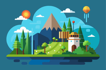 Fototapeta premium A Flat Design Illustration of a Lush Green Forest with a Mountain in the Background and a Flying Saucer in the Sky
