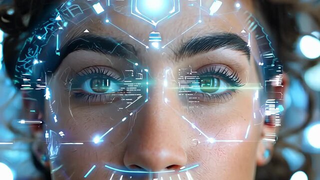 Woman with futuristic interface superimposed on her face against technology background.