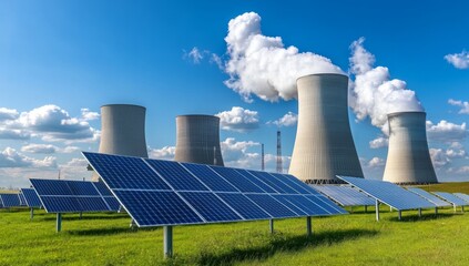 Solar panels and a coal power plant with smoke coming out against a cloudy sky in a wide shot.