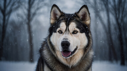 Fototapeta premium Cane di razza Alaskan Malamute in mezzo alla neve in inverno