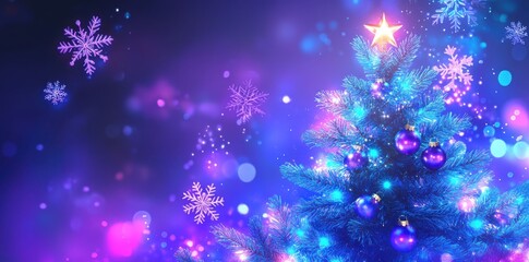 abstract background with christmas tree and snowflakes, glowing lights, bokeh effect, blue purple color palette, white stars on black background