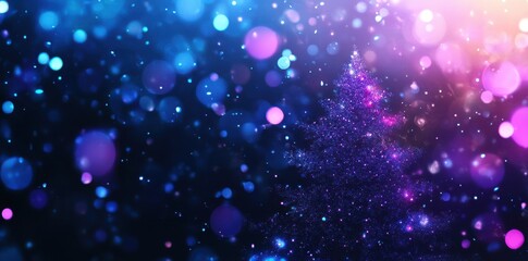 abstract background with christmas tree and snowflakes, glowing lights, bokeh effect, blue purple color palette, white stars on black background
