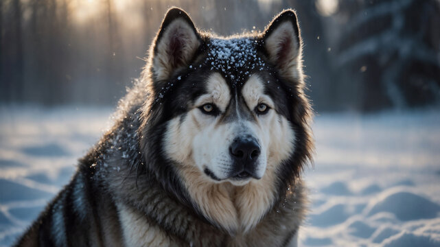 Cane di razza Alaskan Malamute in mezzo alla neve in inverno