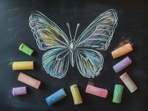 Drawing of butterfly and chalks on a blackboard