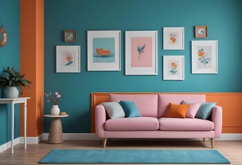A white framed canvas on a teal blue wall with an orange wall on the left, a pink sofa, and various decorative objects on a wooden floor.