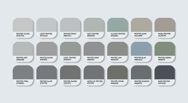 Pewter Color Palette, Pewter Gray Color Guide Palette with Color Names. Catalog Samples of Pewter colors with RGB HEX codes. cladding sheet ash colors, Fashion Trend Pewter Gray Color shade Palette