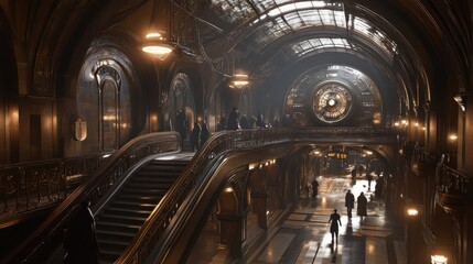 Obraz premium A Steampunk Interior with a Grand Staircase and Figures