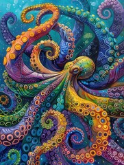 Fototapeta premium Psychedelic octopus with swirling colorful tentacles swimming in a deep blue underwater ocean environment.