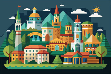 Fototapeta premium A Colorful Cityscape with Towers and Houses