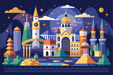 Fototapeta premium Nighttime Cityscape with Diverse Architecture and a River