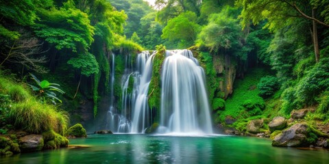 Obraz premium Waterfall cascading through lush green forest , nature, environment, landscape, waterfall, stream, flowing, peaceful, serene