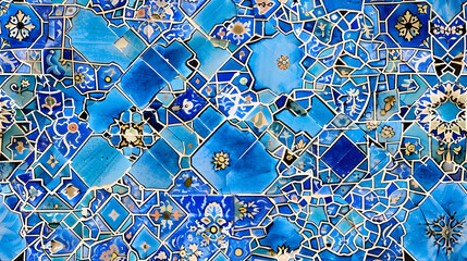 Traditional Persian mosaic wall with geometric and floral designs in Iran Blue ceramic tile background for text