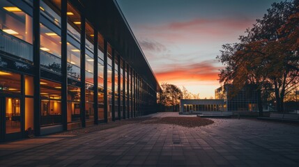 Fototapeta premium Exterior of a university building at sunset, with lights illuminating the structure.