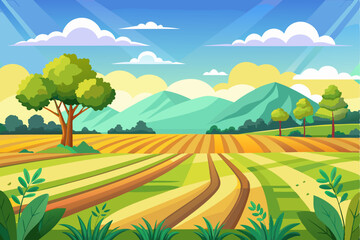 Fototapeta premium Lush Green Field with Mountains and a Tree in the Foreground