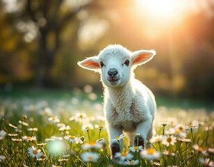Fototapeta premium Portrait of a little lamb in a meadow on a sunny day.