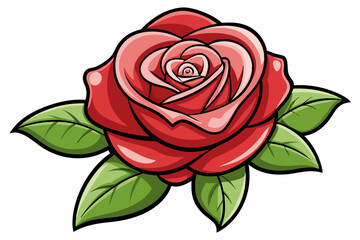 Cartoon illustration of a red rose with green leaves