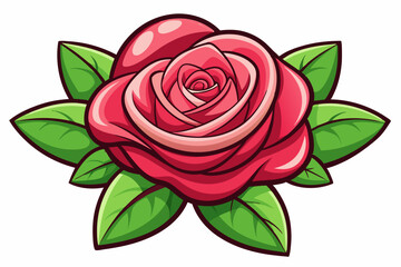 Cartoon Illustration of a Single Pink Rose with Green Leaves