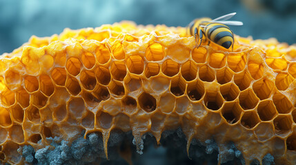 Macro Shot of Honeycomb with a Bee on Golden Hexagonal Cells