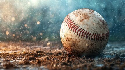 A Worn Baseball on a Wet Field